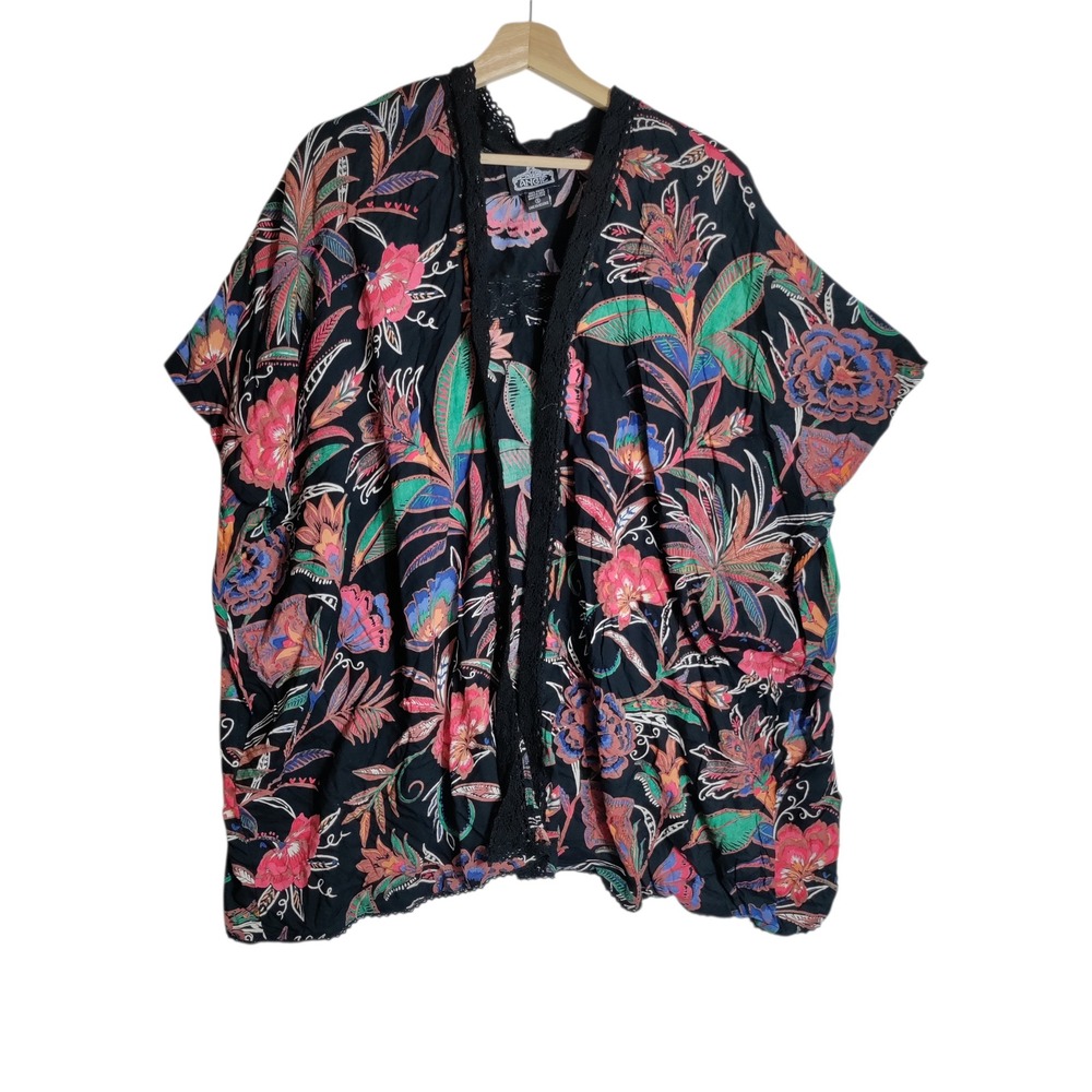 Angie Black Floral Tropical Kimono Jacket Crochet‎ Lace Trim Boho Rayon Small